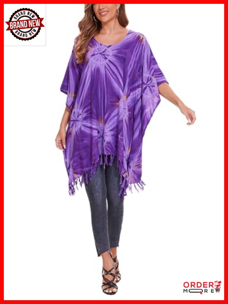 Plus Size Boho Tie Dye Rayon Kaftan Tunic Blouse Short Sleeve V-Neck Loose Fit